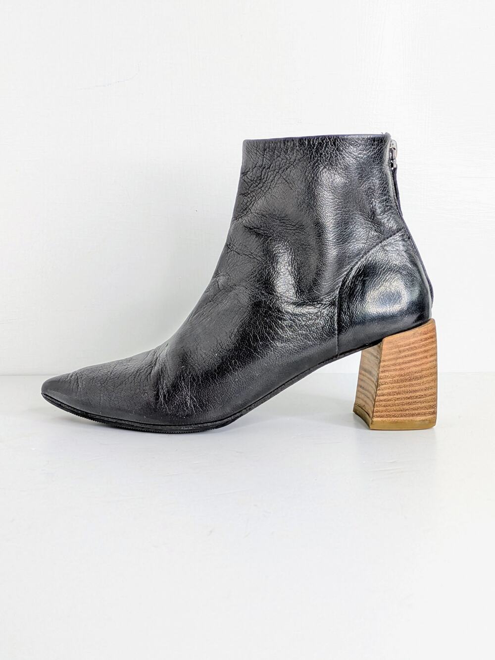 Marsell Ankle Boots 37.5 Black Shiny Leather Pointed Toe Wood Heel Zip Italy